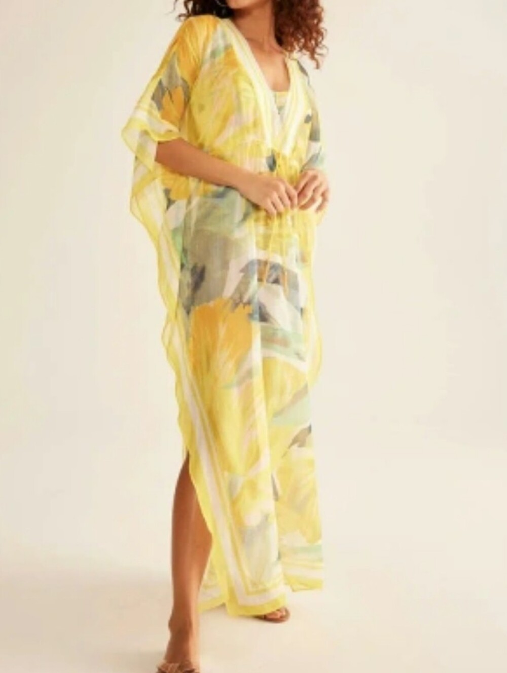 WHBM Maxi Chiffon Cover Up In Sunny Yellow Floral V-Neck NWOT